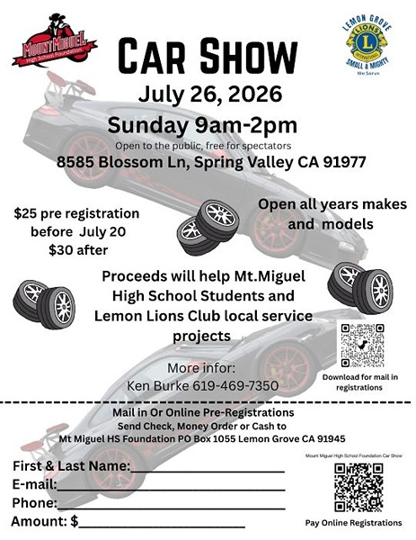 Mt. Miguel HS Car Show flyer July 26, 2026